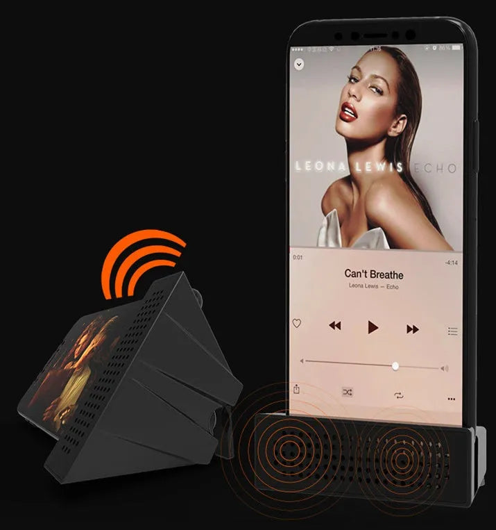Mobile phone amplifier bracket in ABS plastic showing horizontal film viewing and vertical music listening positions