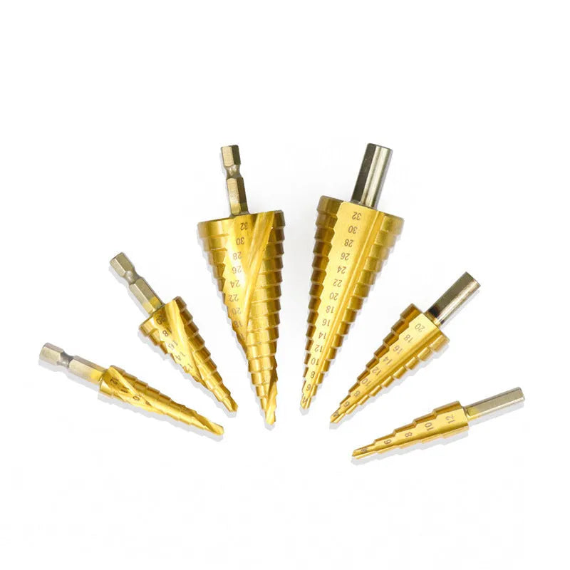 High speed steel cone step drill bit and centre punch set for metalworking and DIY.