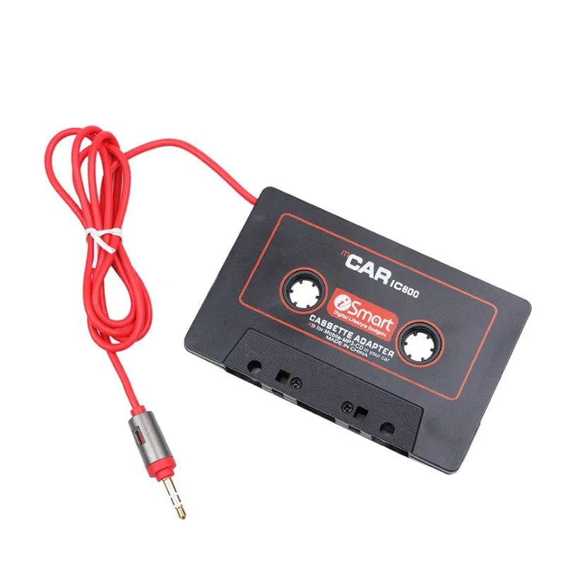 Black car cassette adapter with 3.5mm audio jack for connecting portable music players to car stereos