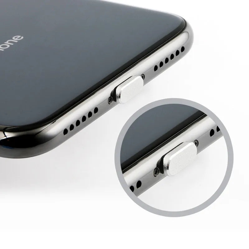 Aluminium alloy dust plug for iPhone charging port in various colours including gold, silver, and rose gold.
