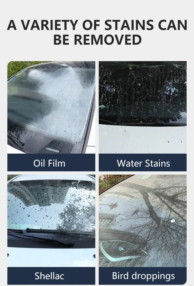 Glass oil film remover cleaning cream paste in 50ml, 100ml, and 200ml size bottles.