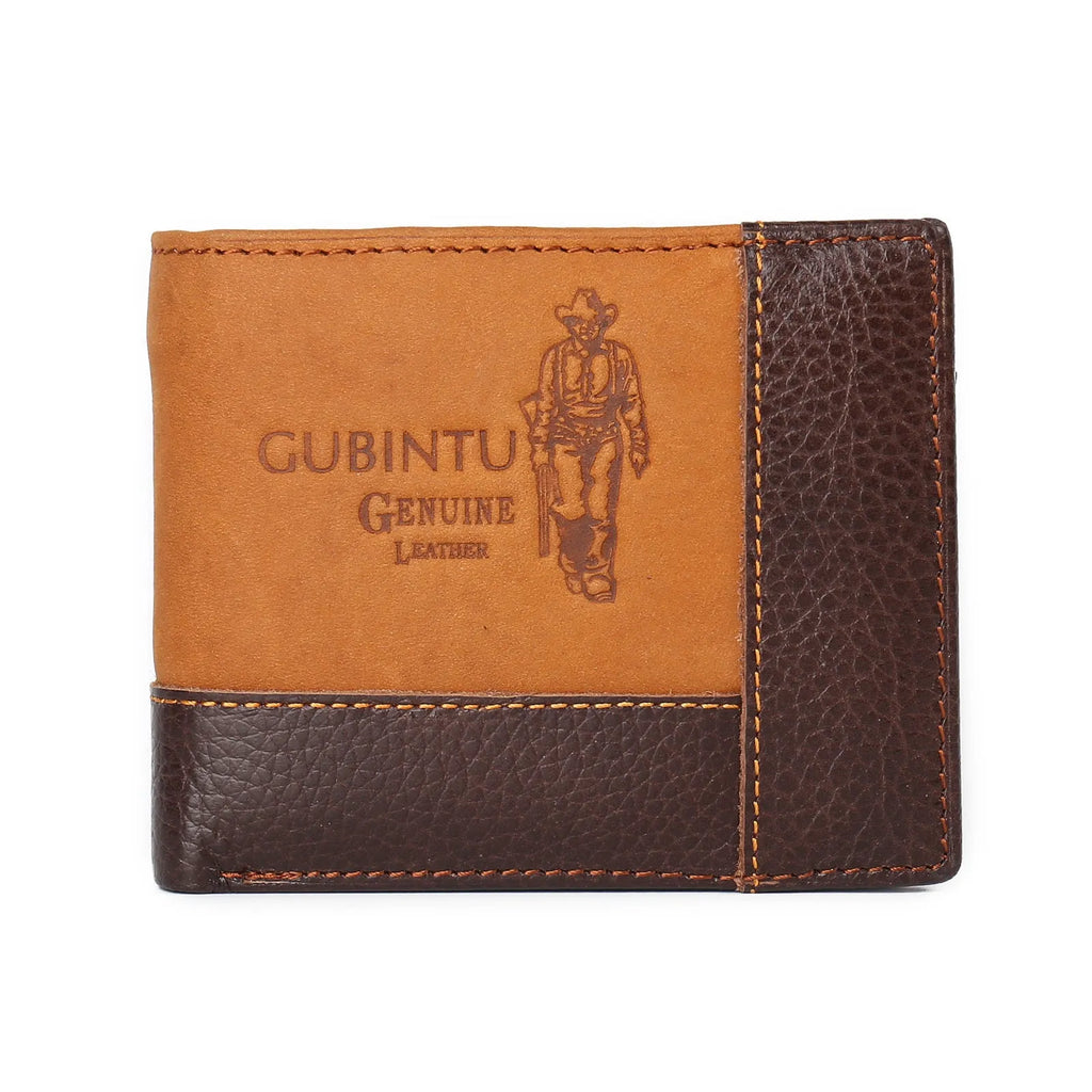 A Korean-style cowhide leather tri-fold wallet with personality stitching and a contrast colour interior.
