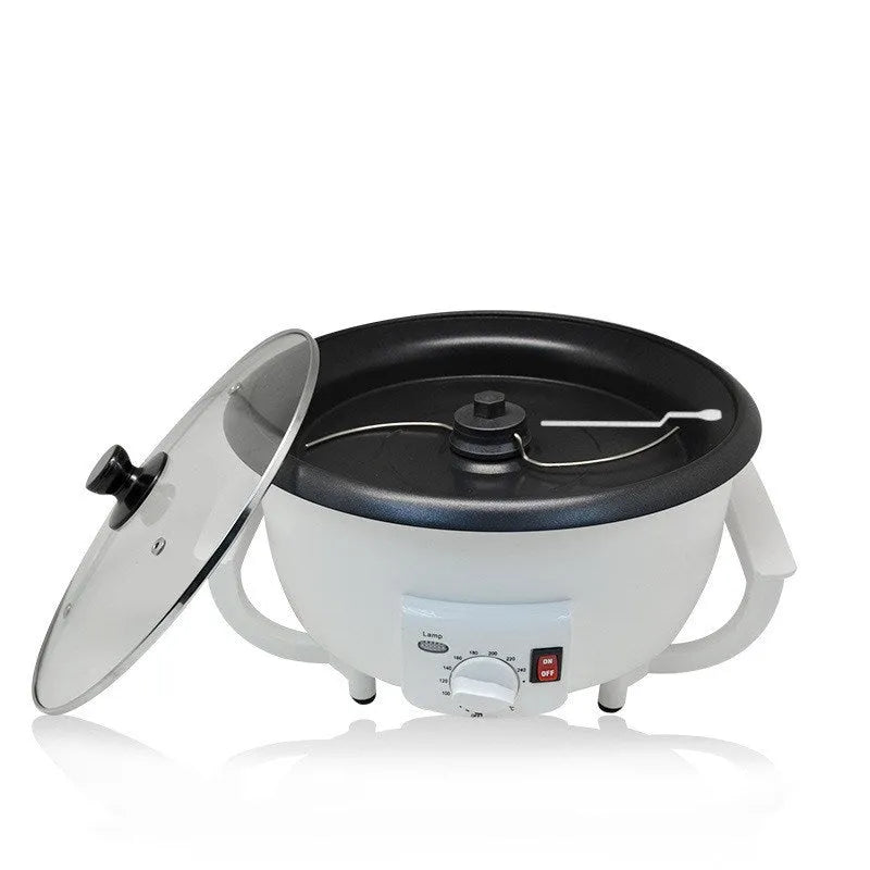White oblate home coffee bean roasting machine with 750g capacity and 225mm base.