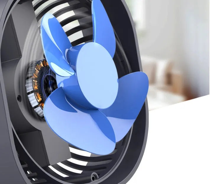 USB desk fan with rotating head in blue, showing rotary switch and compact alarm clock style.