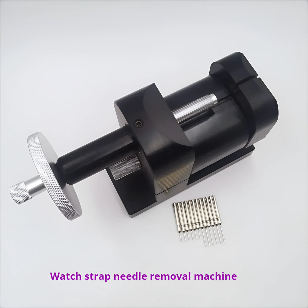 Alloy steel watch strap removal machine with bench mount frame and tool components for watch repair