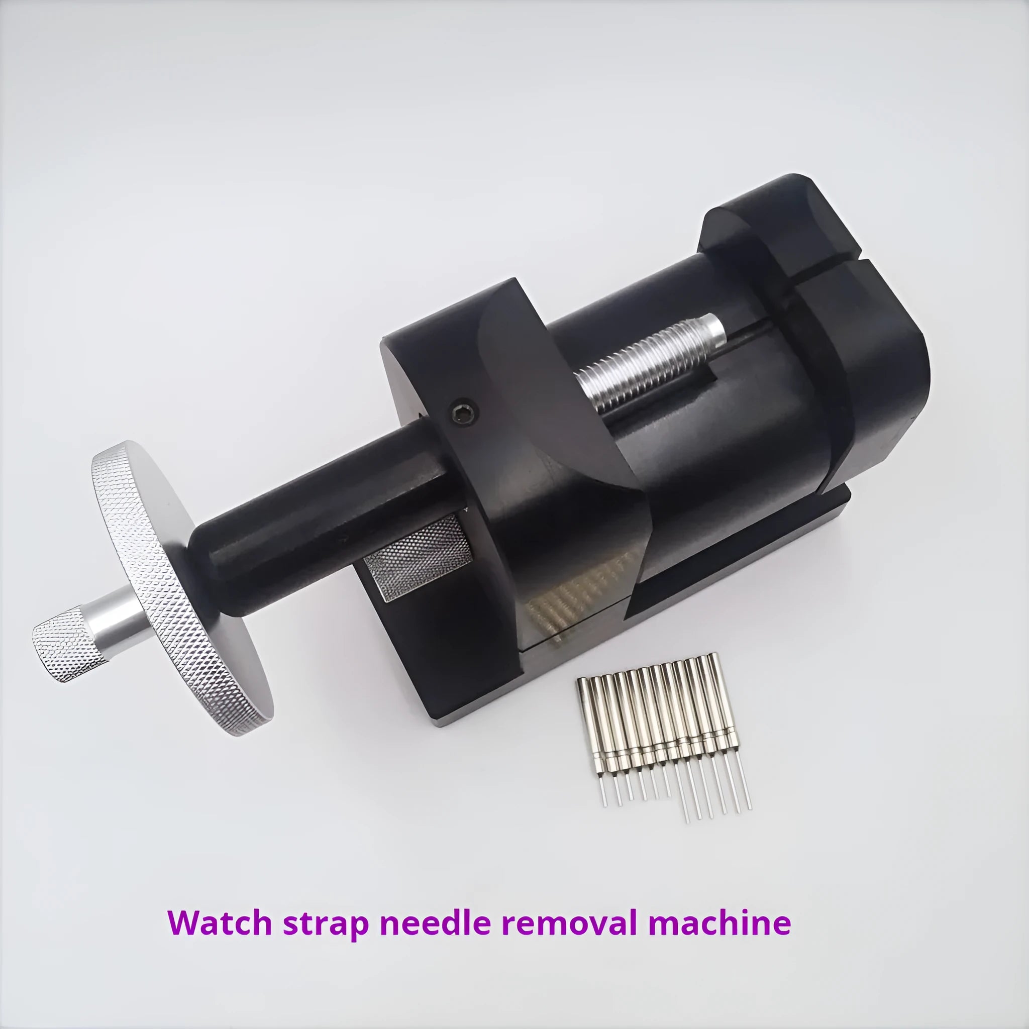 Alloy steel watch strap removal machine with bench mount frame and tool components for watch repair