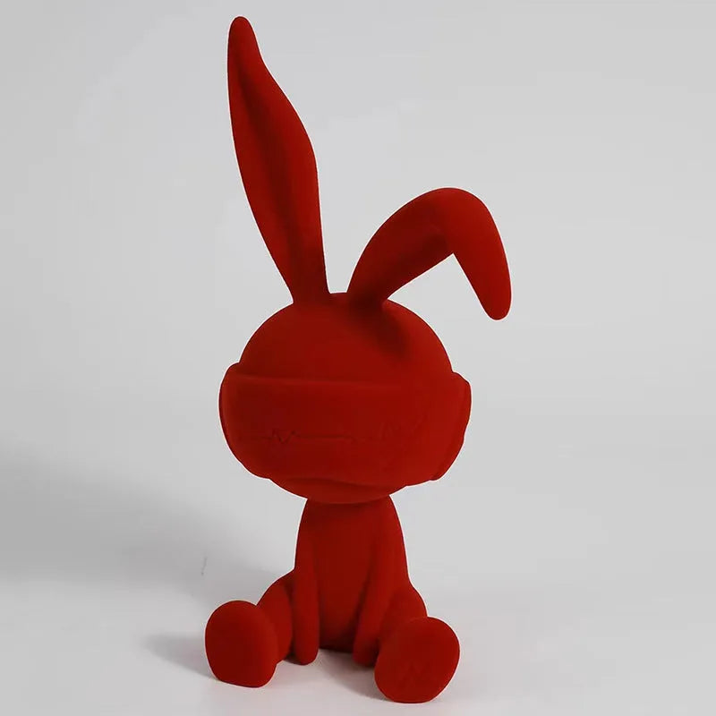 Suede blindfold rabbit resin table ornament in blue, green, or red colour