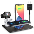 Desktop wireless phone charger with watch and headphone charging outputs in black or white