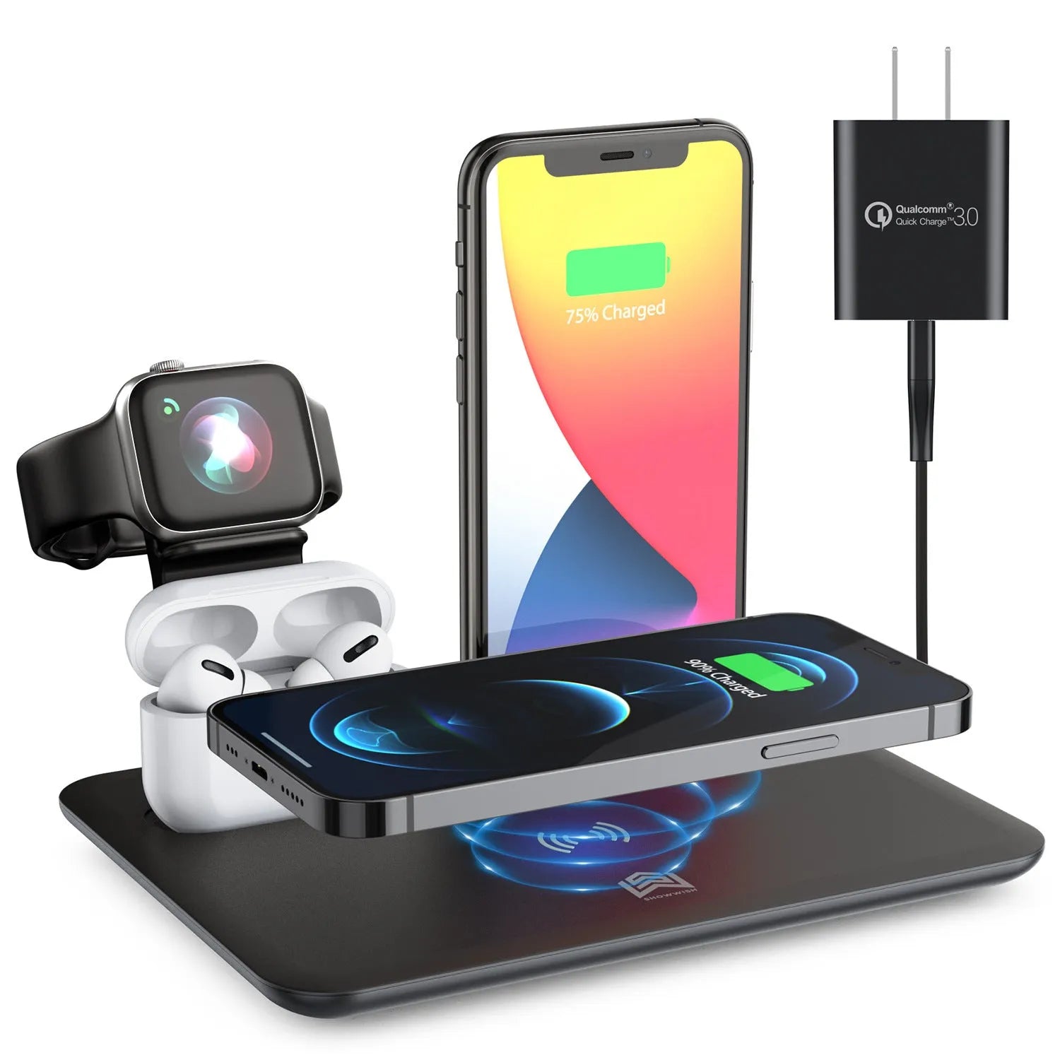 Desktop wireless phone charger with watch and headphone charging outputs in black or white