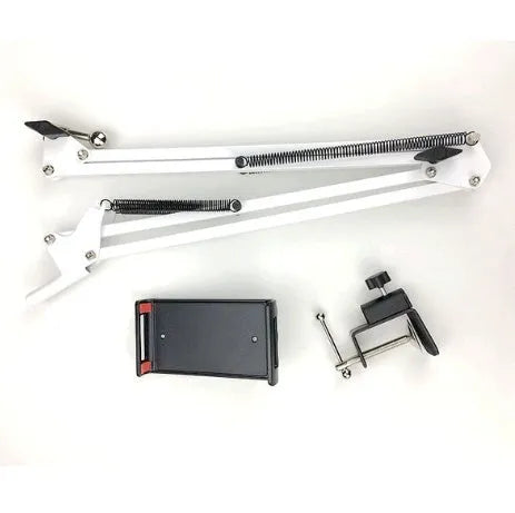 Black adjustable phone tablet stand with 360-degree rotation on wooden table
