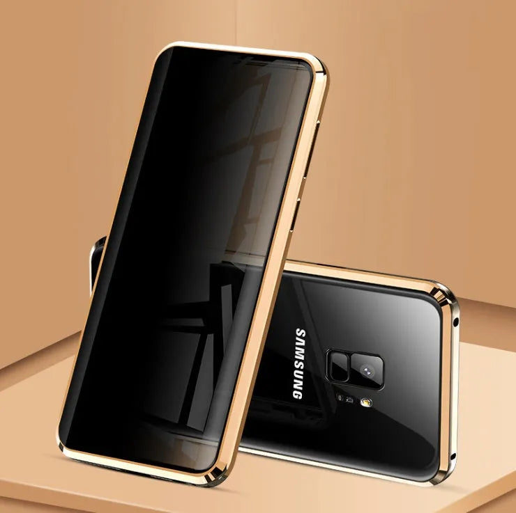 Black anti-peeping magnetic clamshell phone case for Samsung Galaxy showing privacy screen and magnetic closure