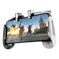 Telescopic mobile game controller handle extended with a smartphone clipped in the centre