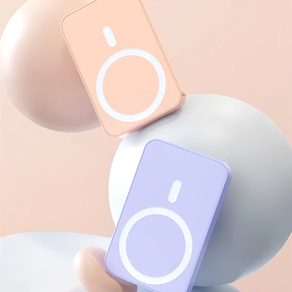 Magnetic wireless power bank with 20000mAh capacity in pink, purple or white plastic housing