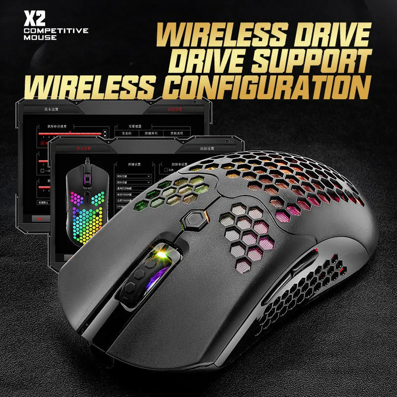Free Wolf X2 dual-mode wireless gaming mouse with RGB lighting in black, green, pink, white, and yellow colour options