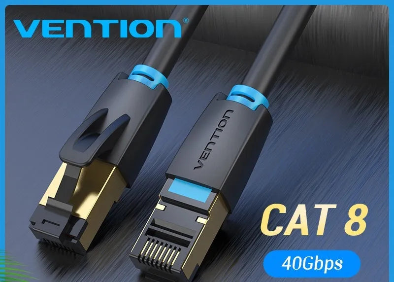 CAT8 shielded Ethernet network cable with RJ45 plugs, shown in flat and round style options in various lengths.