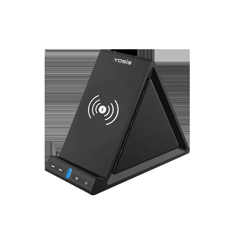 Black multifunctional Bluetooth speaker and wireless charger with built-in mobile phone stand.