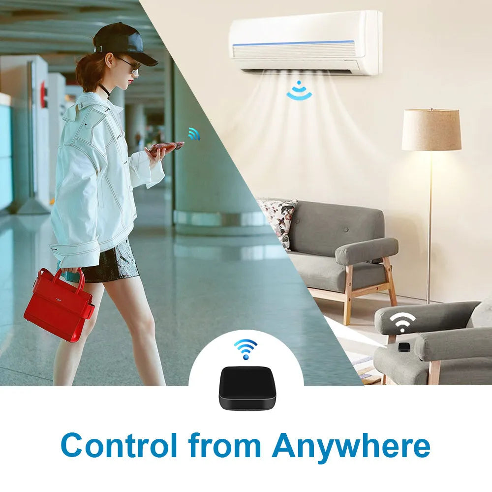 Black voice control universal infrared remote with WiFi connectivity for smart home devices