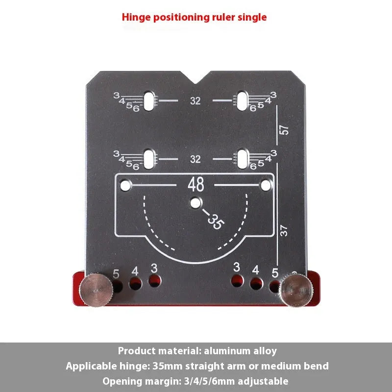 Red aluminium alloy hinge locating rule with adjustable margin settings for 35mm cabinet hinges