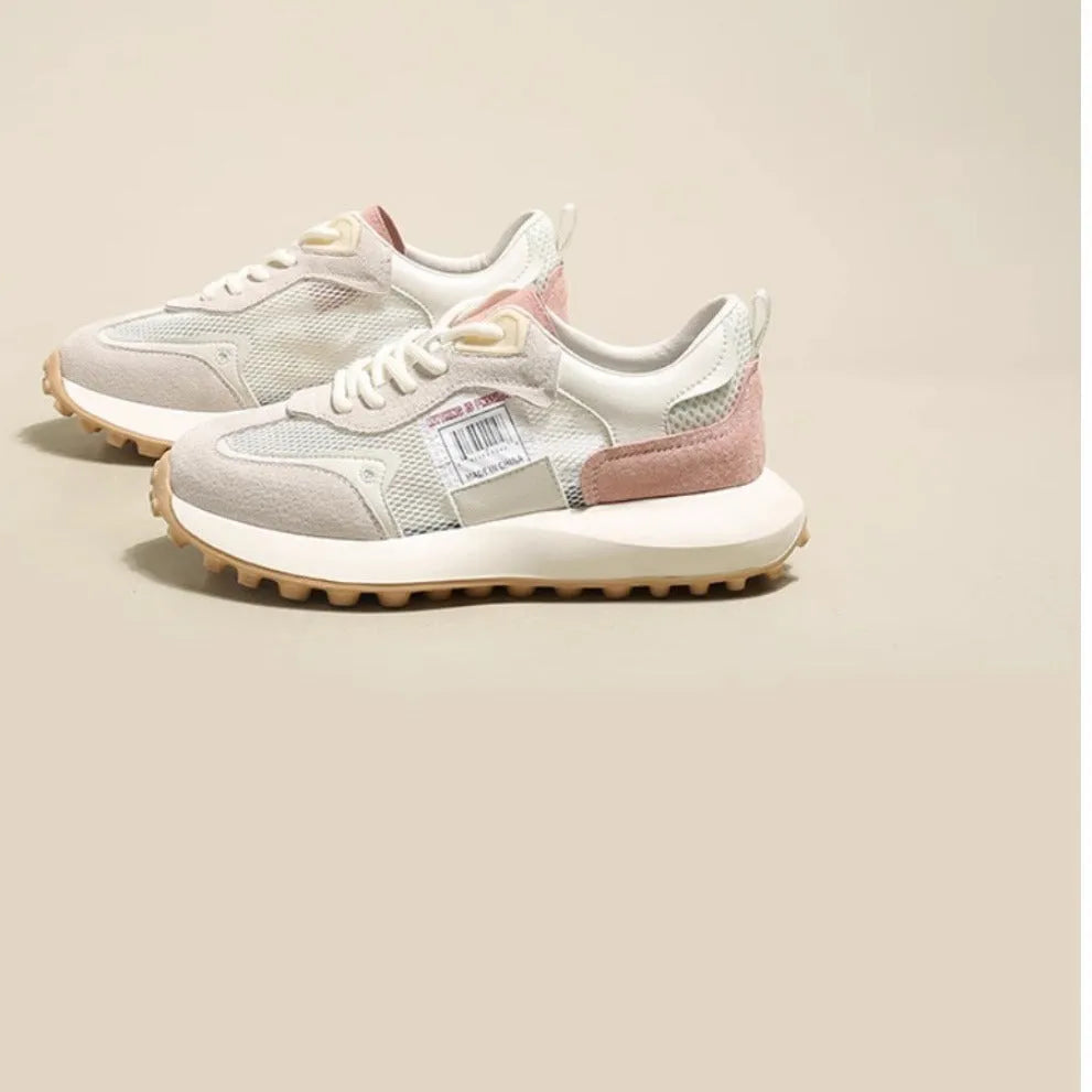 Women's grey and pink retro sneakers with rubber soles and mesh lining in low-top design