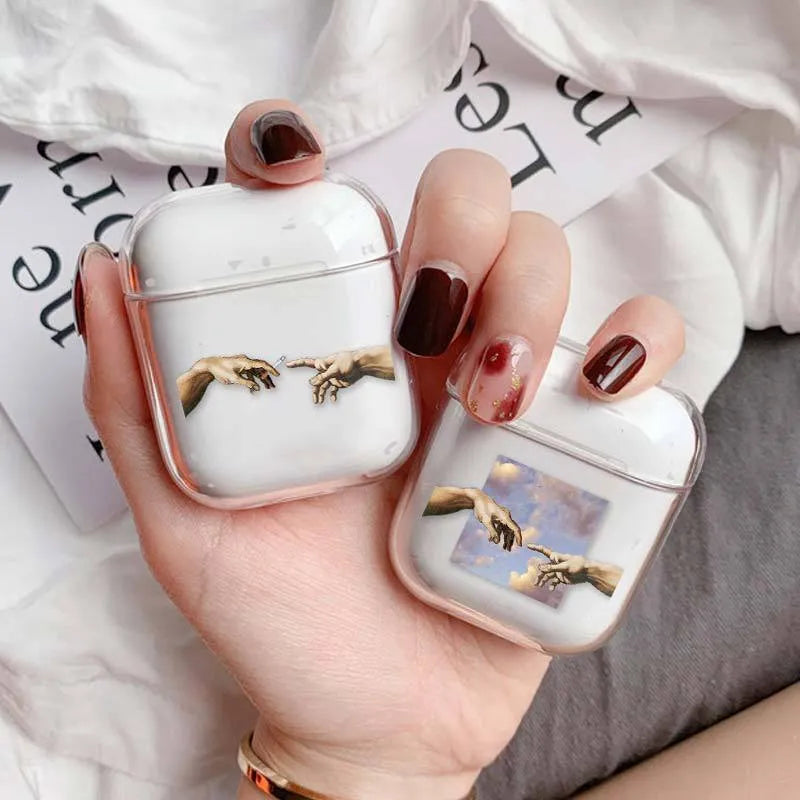 Transparent plastic AirPods protective cover showing Apple device inside with colour variation options