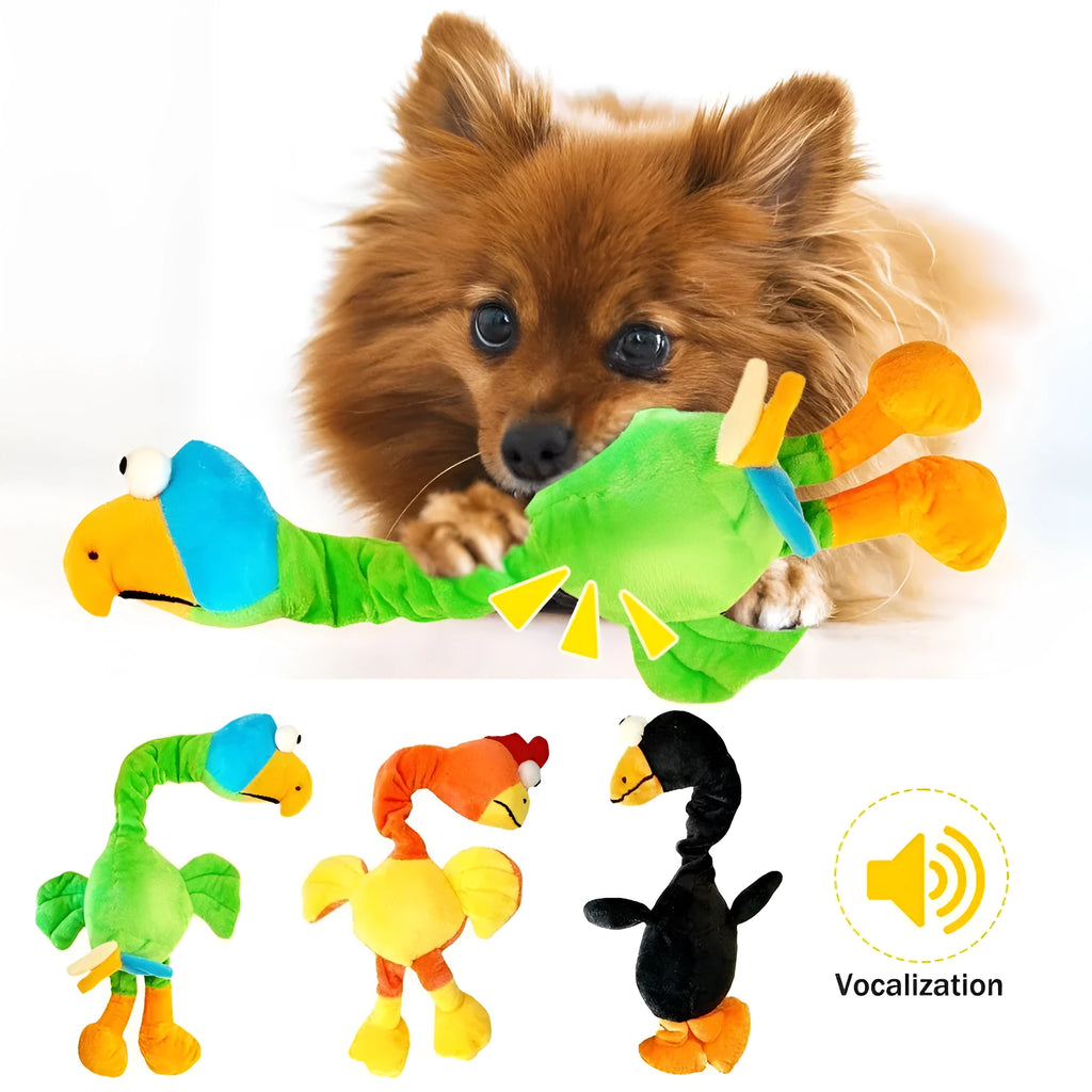 Screaming chicken sound dog toy in black, green or orange colours with bite-resistant rubber construction