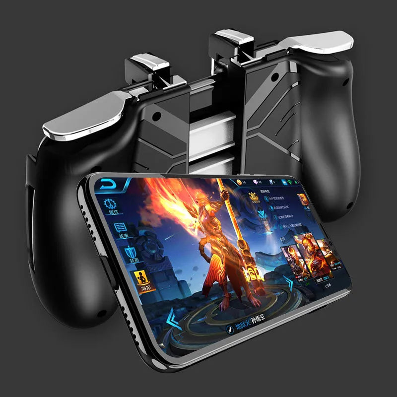 Telescopic mobile game controller handle extended with a smartphone clipped in the centre