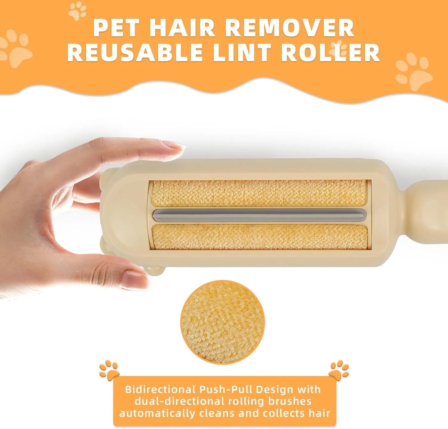 Blue reusable pet hair remover tool with a roller and self-cleaning base.