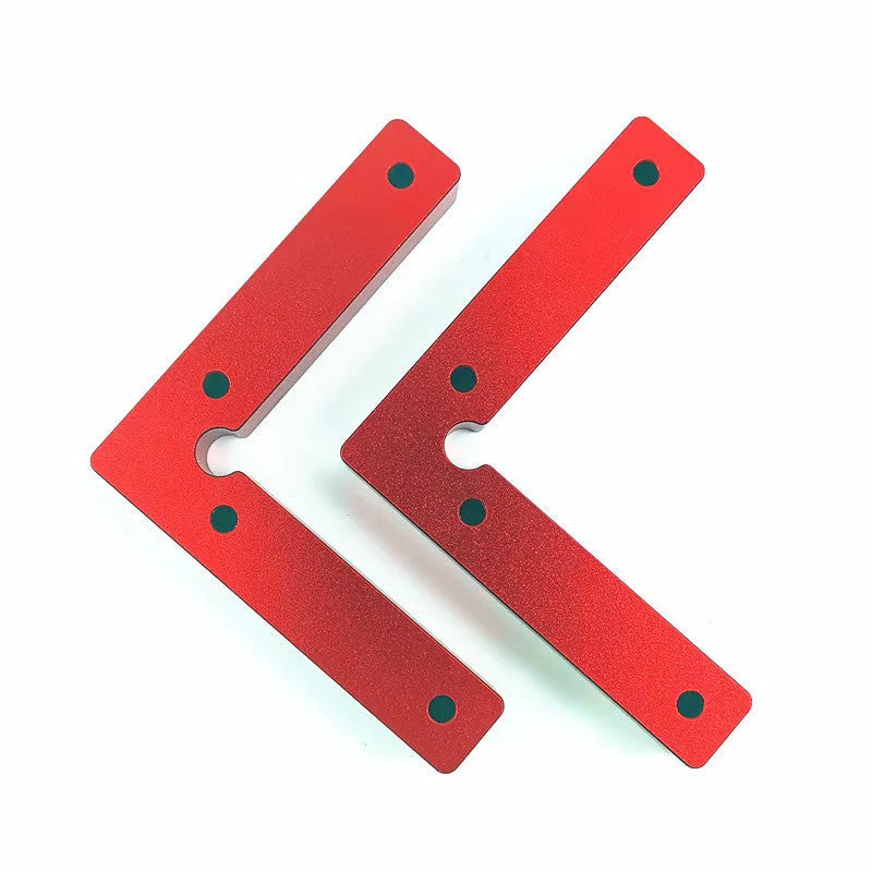 Aluminium right angle positioning clamp block for woodworking jigs, showing 90-degree corner and scale markings.