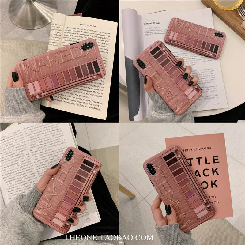 Silicone iPhone case with printed eye shadow colour palette design in flesh colour.