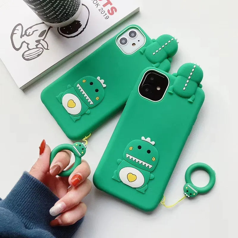 Green and yellow silicone iPhone cases with cartoon animal designs for waterproof, drop-resistant protection.