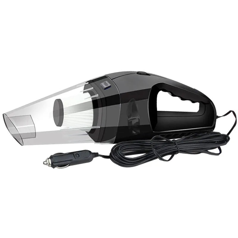 Orange handheld car vacuum cleaner with nozzle attachments and a coiled power cord, showing scale next to a car seat.