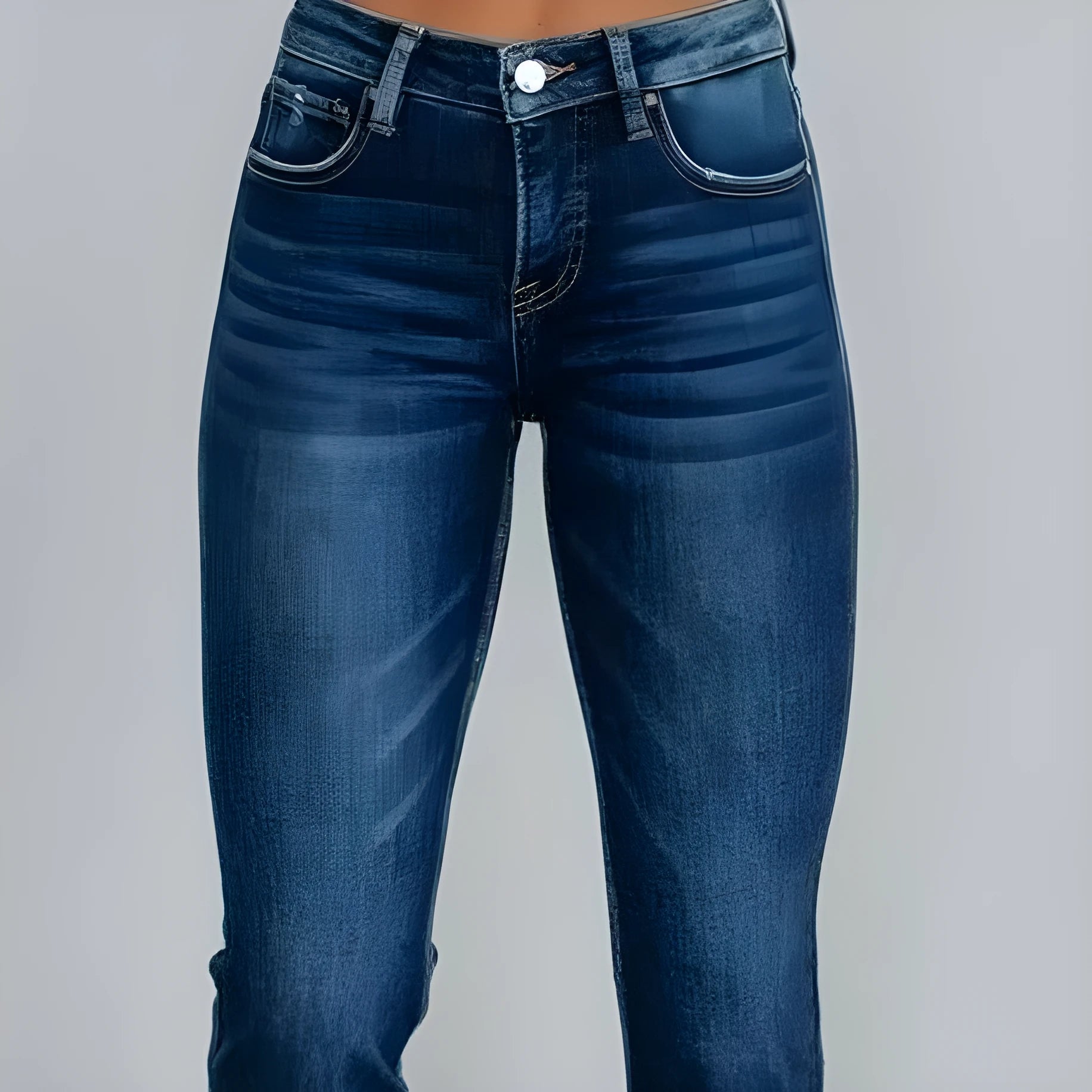 Women's dark blue cotton denim trousers with a hand-distressed casual finish.