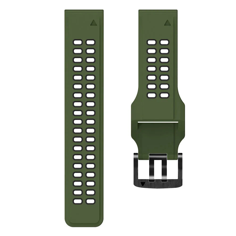Quick release double-row hole silicone watch strap in a two-tone colour combination with a pin buckle.