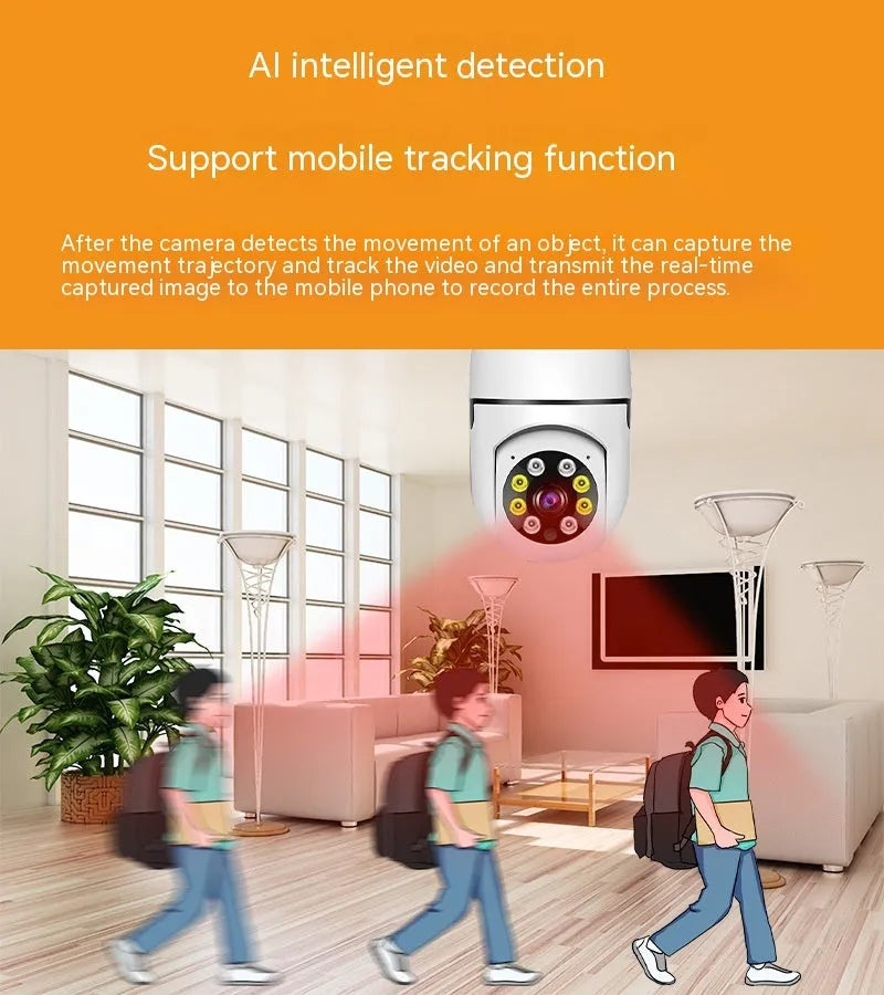 Wireless Wi-Fi bulb security camera with lamp holder base, showing compact 5cm by 12cm size.