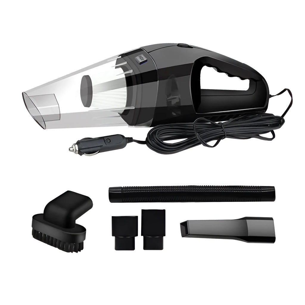 Orange handheld car vacuum cleaner with nozzle attachments and a coiled power cord, showing scale next to a car seat.