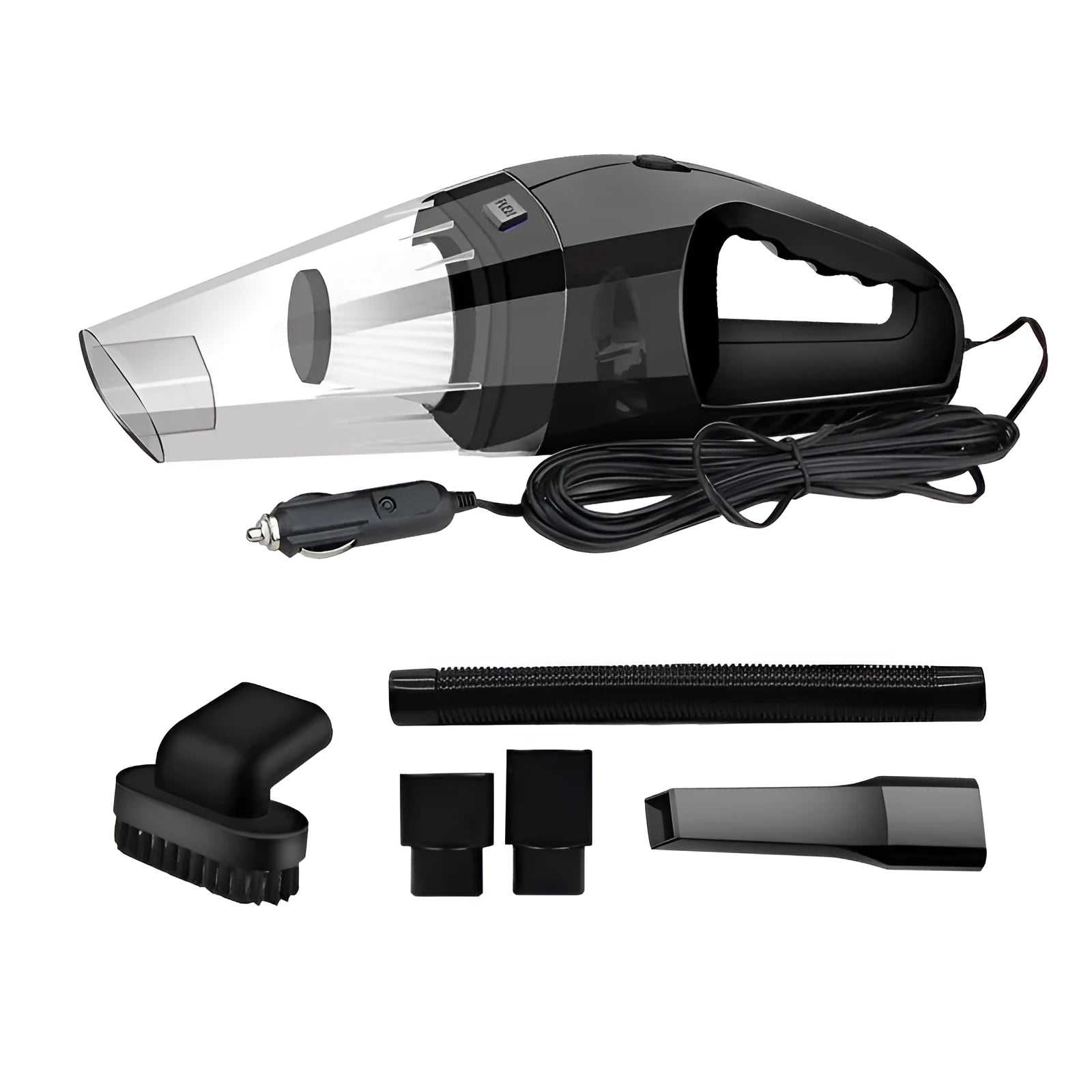 Orange handheld car vacuum cleaner with nozzle attachments and a coiled power cord, showing scale next to a car seat.