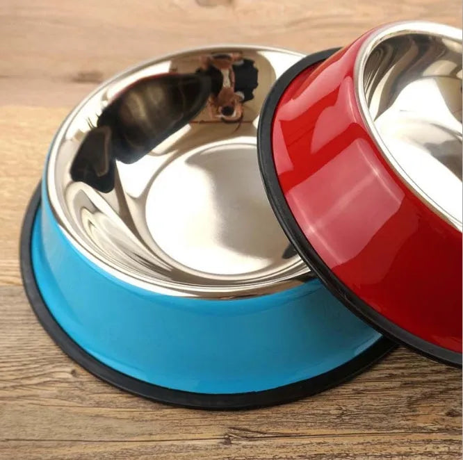 Stainless steel pet feeding bowl with colourful melamine exterior and non-slip rubber base