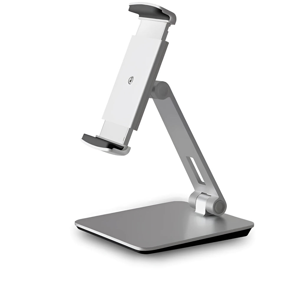 Black foldable aluminium phone and tablet stand with 360-degree rotation on a wooden desk
