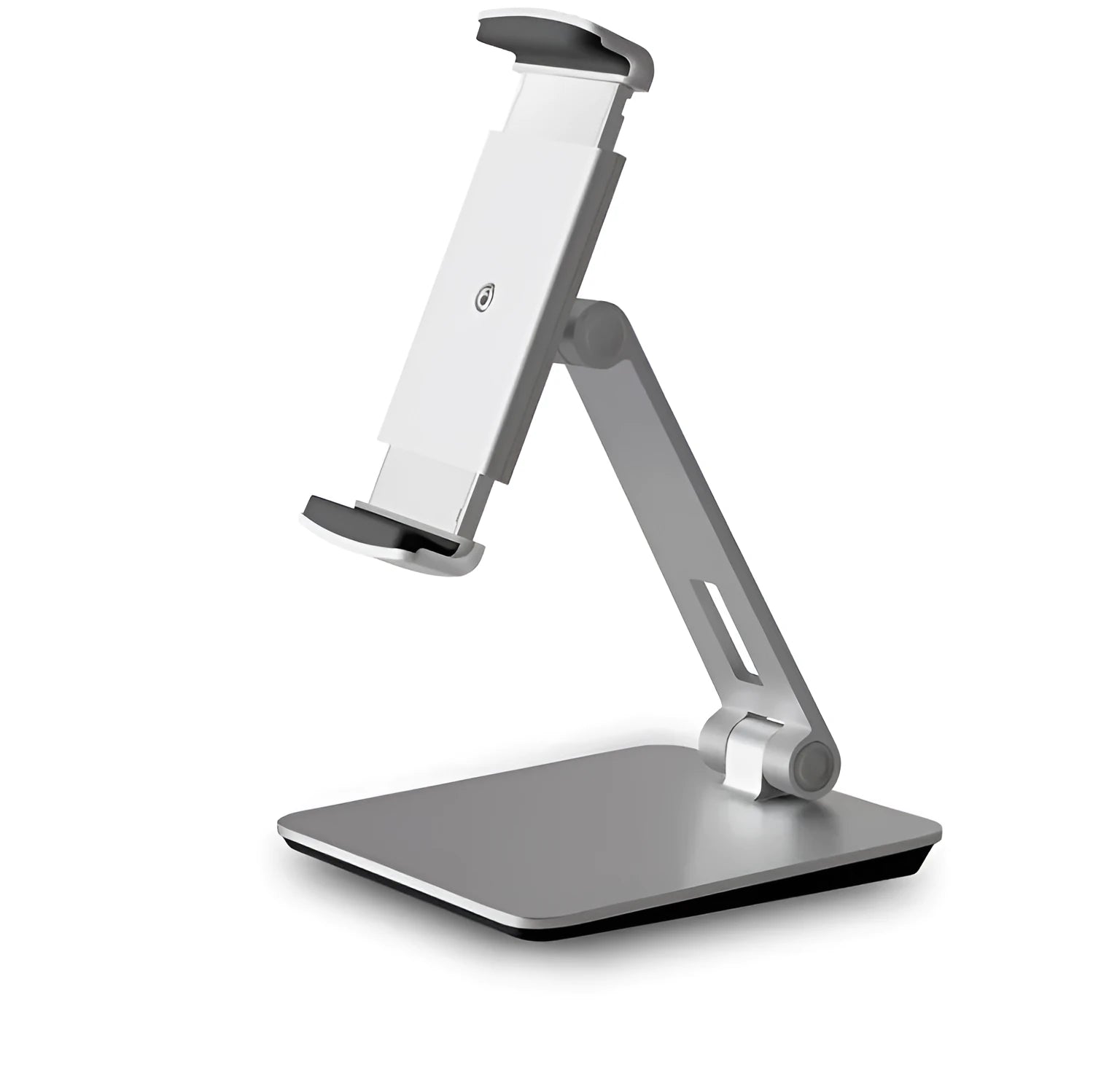 Black foldable aluminium phone and tablet stand with 360-degree rotation on a wooden desk