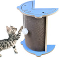 Corner-mounted cat scratching pad with hanging ball toy in grey cardboard