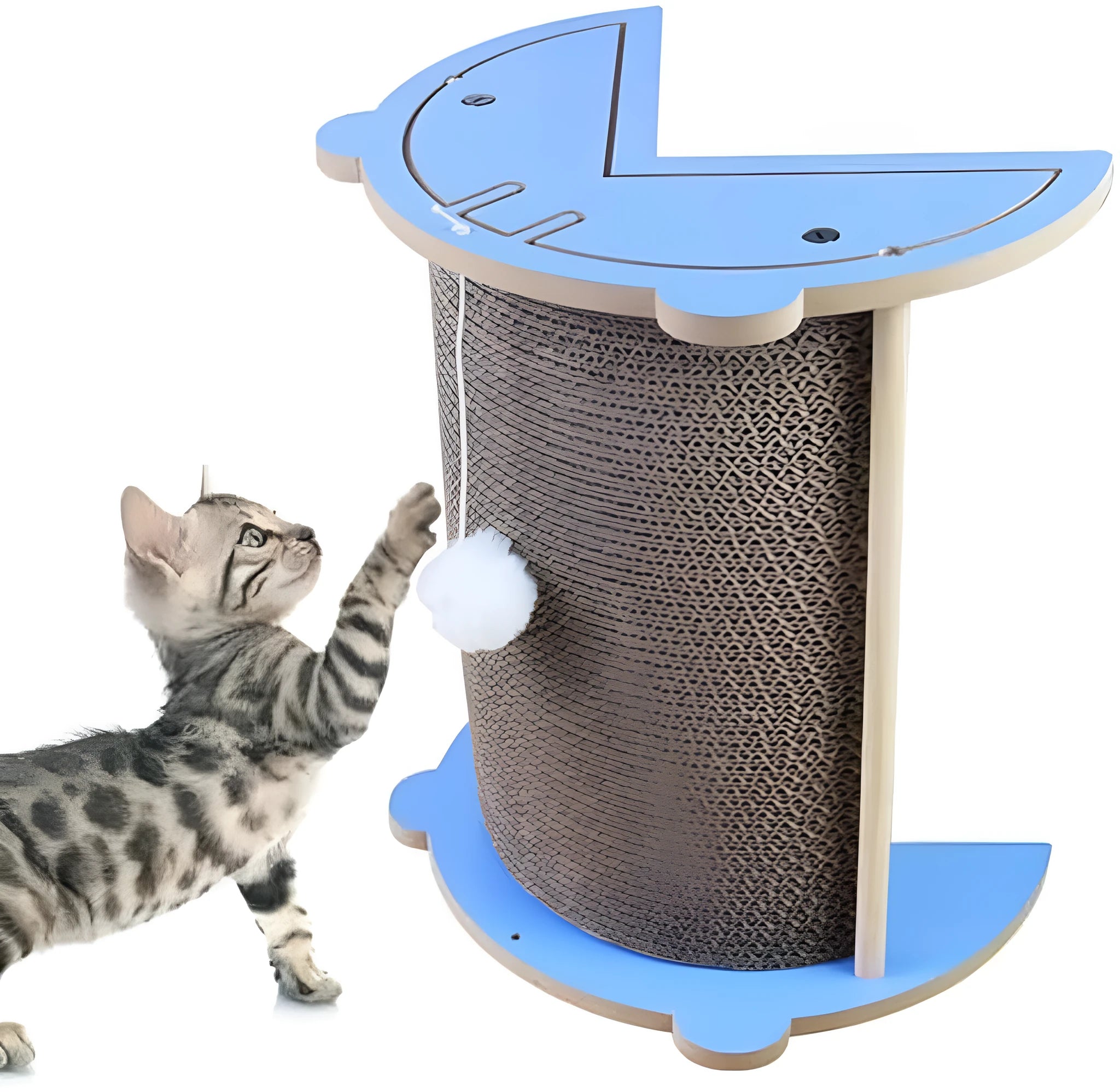 Corner-mounted cat scratching pad with hanging ball toy in grey cardboard