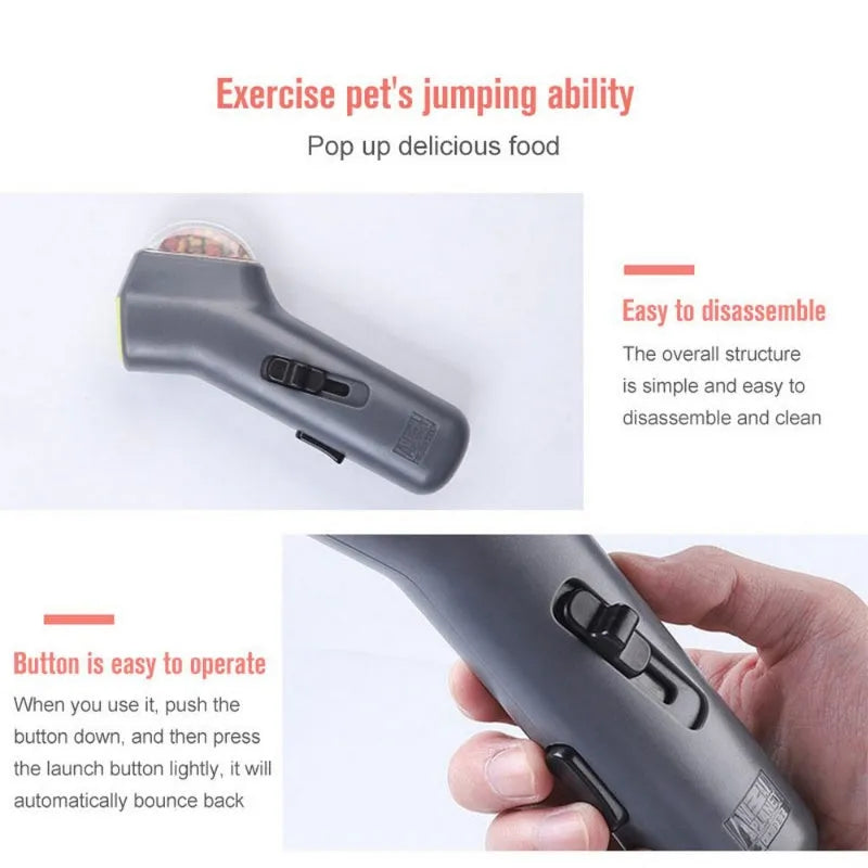 Grey plastic pet snack catapult launcher toy with a handle for dogs and cats.