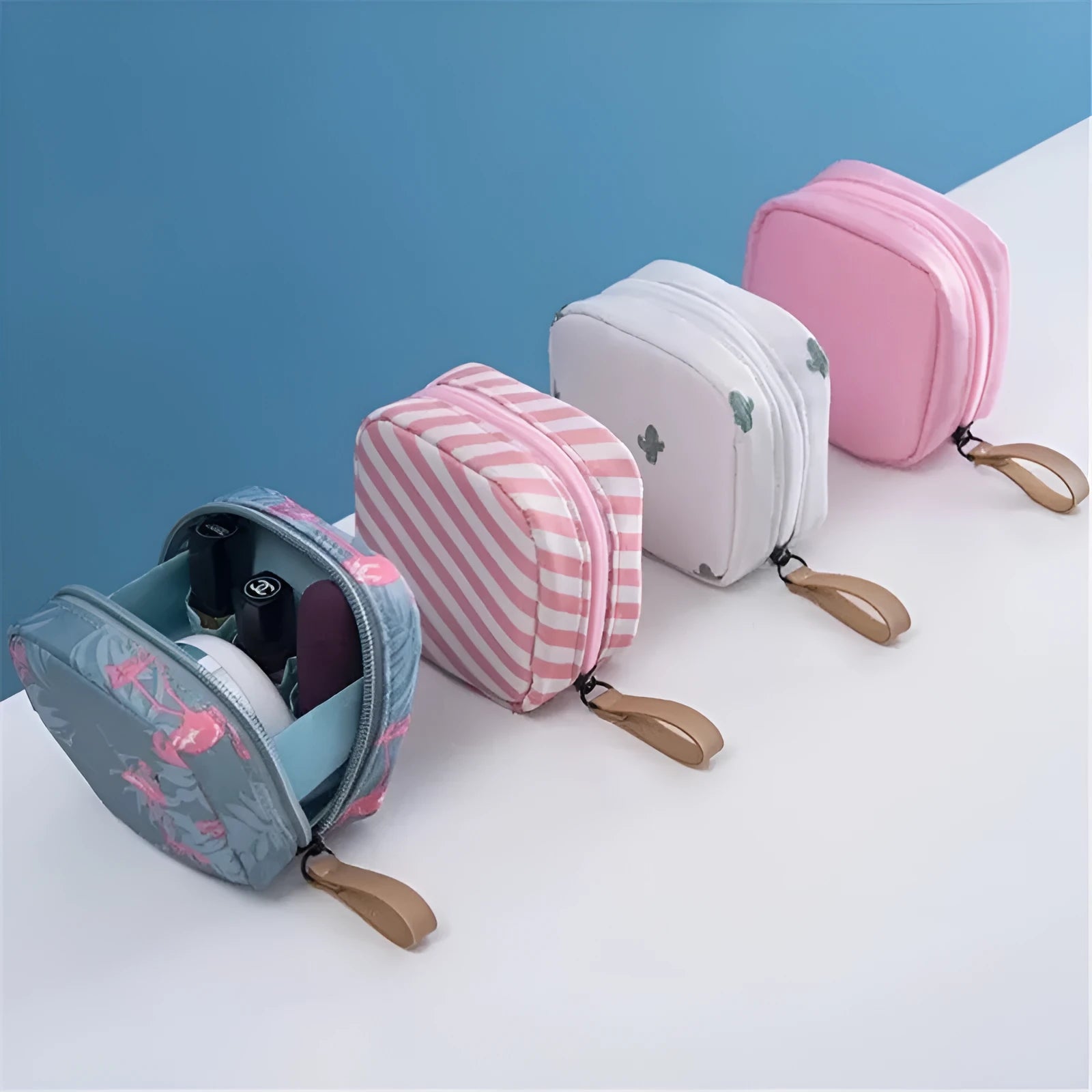 Cloth makeup storage bag in cube shape with plain pattern, shown in available colour options