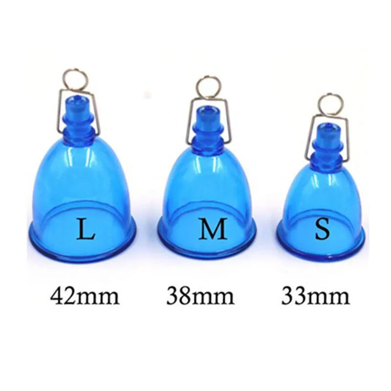 Blue silicone men's stretch exerciser cup shown in three size options S, M, L
