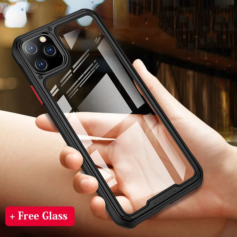 Transparent silicone iPhone 11 case showing six colour options: black, gold, green, grey, red, silver