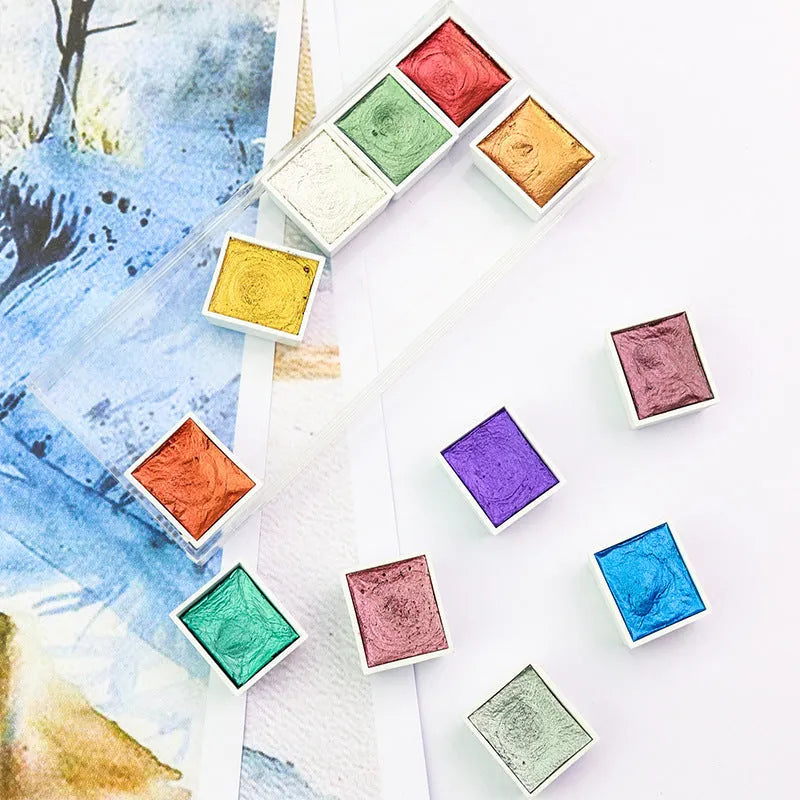 Boxed set of solid pearlescent watercolour pigment blocks in various colours