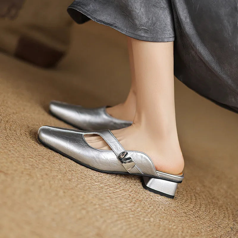 Casual low heel square toe slippers in black artificial PU with rubber sole