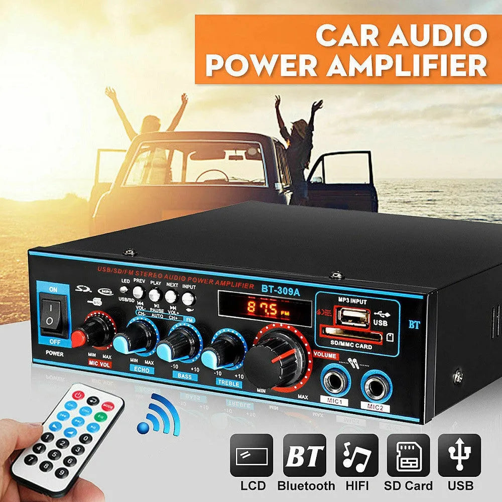 Black dual-purpose Bluetooth power amplifier with remote control on a table