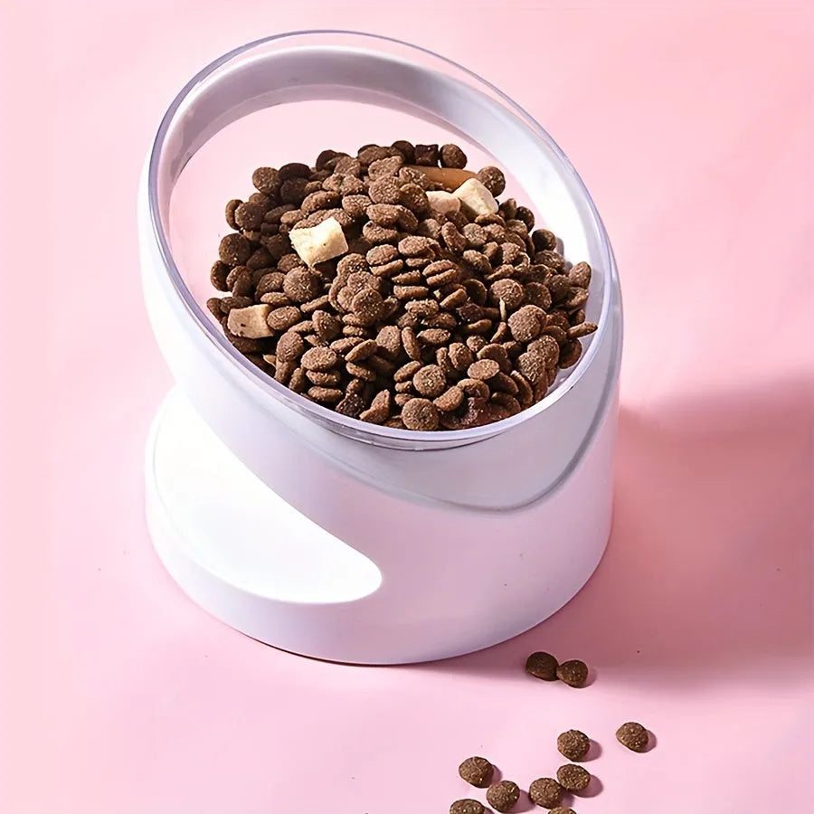White elevated plastic cat food bowl with clear dish on a tilted stand