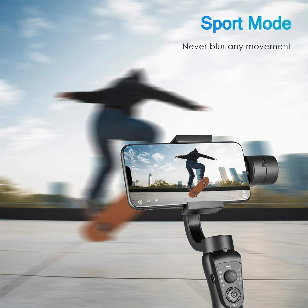 Black three-axis handheld gimbal stabilizer with tripod and protective cases